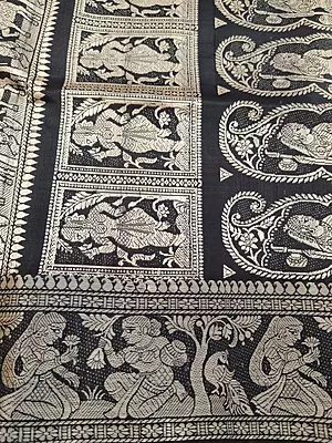 Jet black colour pure Mulberry silk Baluchari saree