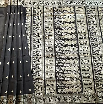 Jet black colour pure Mulberry silk Baluchari saree
