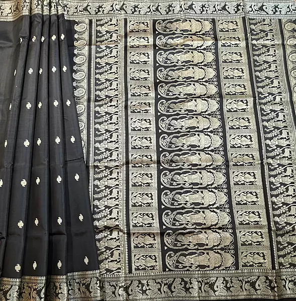 Jet black colour pure Mulberry silk Baluchari saree