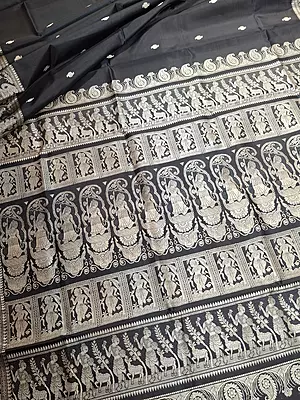 Jet black colour pure Mulberry silk Baluchari saree