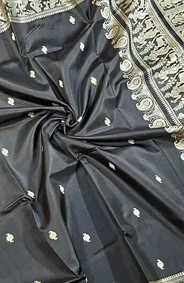 Jet black colour pure Mulberry silk Baluchari saree