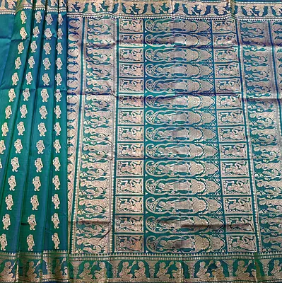Blue green dual tone pure Mulberry silk Baluchari saree