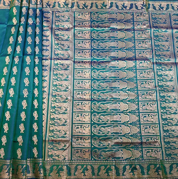 Blue green dual tone pure Mulberry silk Baluchari saree