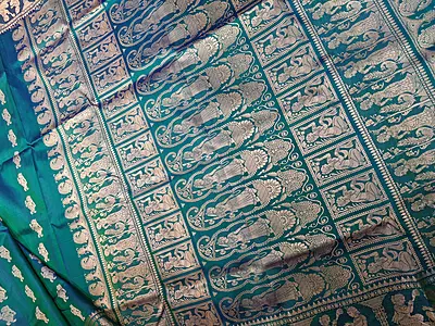 Blue green dual tone pure Mulberry silk Baluchari saree