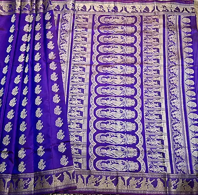 Rani pink and blue dual tone pure Mulberry silk Baluchari saree.