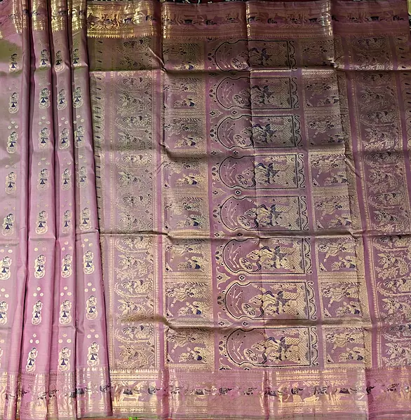 Green pink dual tone pure Mulberry silk Swarnachari saree.