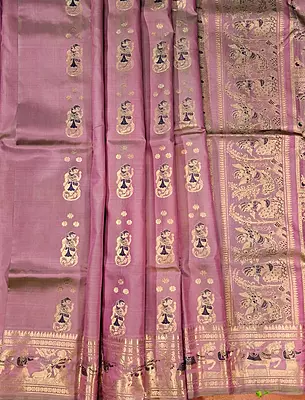 Green pink dual tone pure Mulberry silk Swarnachari saree.