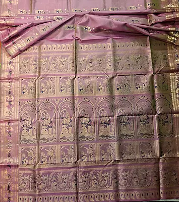 Green pink dual tone pure Mulberry silk Swarnachari saree.
