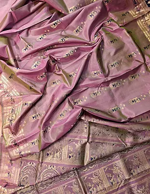 Green pink dual tone pure Mulberry silk Swarnachari saree.