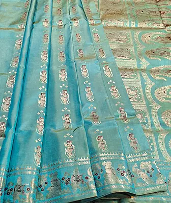Sea green and mustard dual tone pure Mulberry silk Baluchari saree