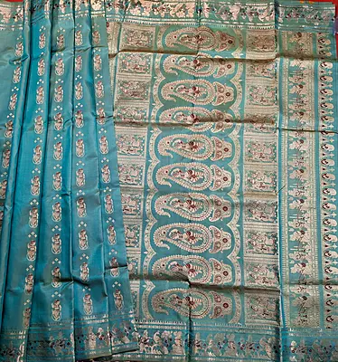 Sea green and mustard dual tone pure Mulberry silk Baluchari saree Sea green and mustard dual tone pure Mulberry silk Baluchari saree