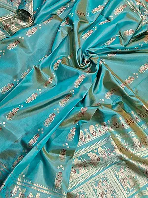 Sea green and mustard dual tone pure Mulberry silk Baluchari saree
