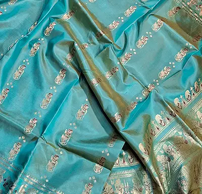 Sea green and mustard dual tone pure Mulberry silk Baluchari saree