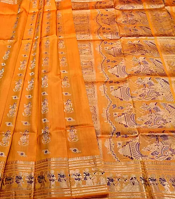 Mustard and orange dual tone Mulberry silk Baluchari saree Mustard and orange dual tone Mulberry silk Baluchari saree