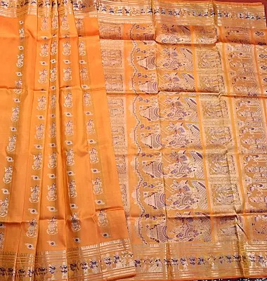 Mustard and orange dual tone Mulberry silk Baluchari saree Mustard and orange dual tone Mulberry silk Baluchari saree