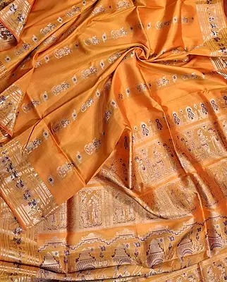 Mustard and orange dual tone Mulberry silk Baluchari saree Mustard and orange dual tone Mulberry silk Baluchari saree