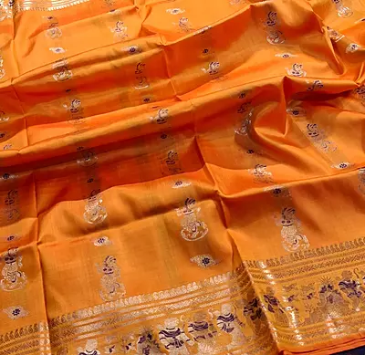 Mustard and orange dual tone Mulberry silk Baluchari saree Mustard and orange dual tone Mulberry silk Baluchari saree