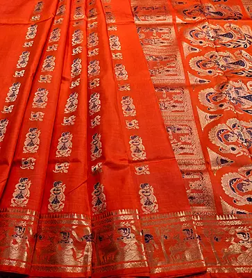 Orange pure Mulberry silk Swarnachari saree.