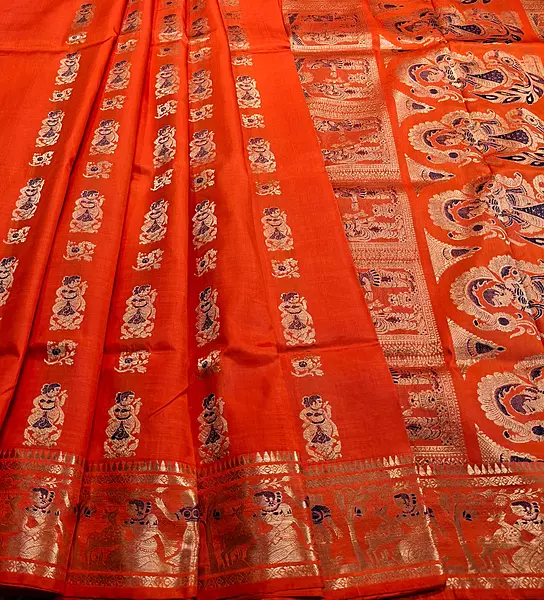 Orange pure Mulberry silk Swarnachari saree. Orange pure Mulberry silk Swarnachari saree.