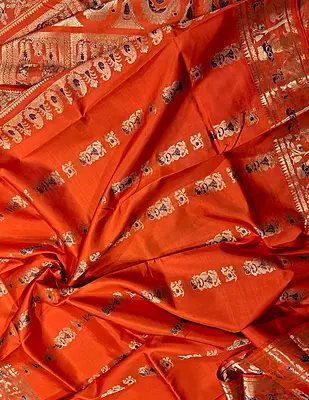 Orange pure Mulberry silk Swarnachari saree. Orange pure Mulberry silk Swarnachari saree.