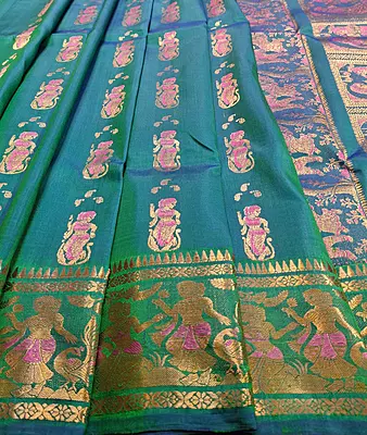 Blue green dual tone pure Mulberry silk Swarnachari saree.