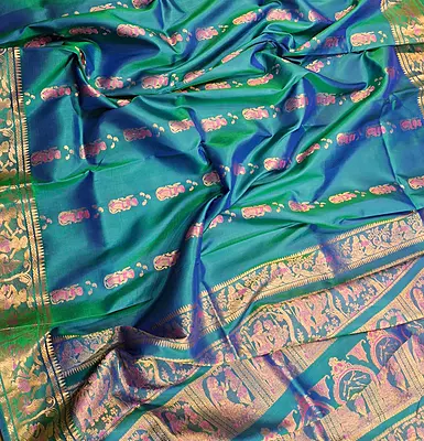 Blue green dual tone pure Mulberry silk Swarnachari saree.