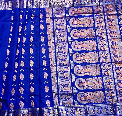 Royal blue pure Mulberry silk Swarnachari saree.
