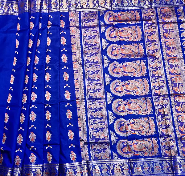 Royal blue pure Mulberry silk Swarnachari saree.