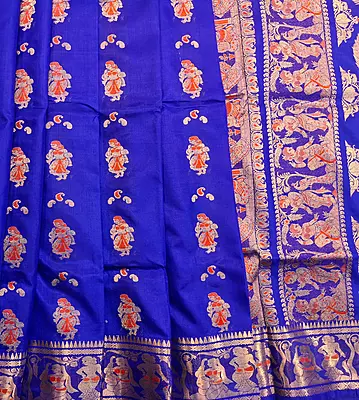 Royal blue pure Mulberry silk Swarnachari saree.