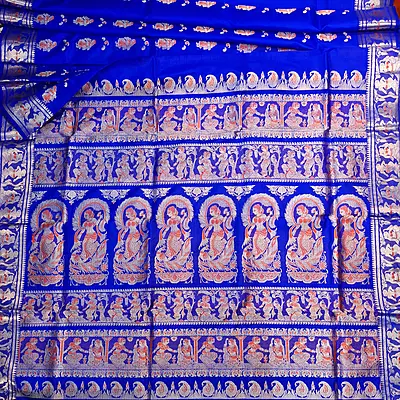 Royal blue pure Mulberry silk Swarnachari saree.