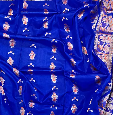 Royal blue pure Mulberry silk Swarnachari saree.