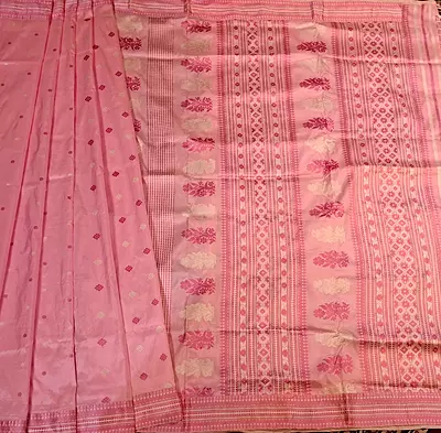 Assam Paat Silk Saree in Pastel Pink with Woven dark pink and white Motifs