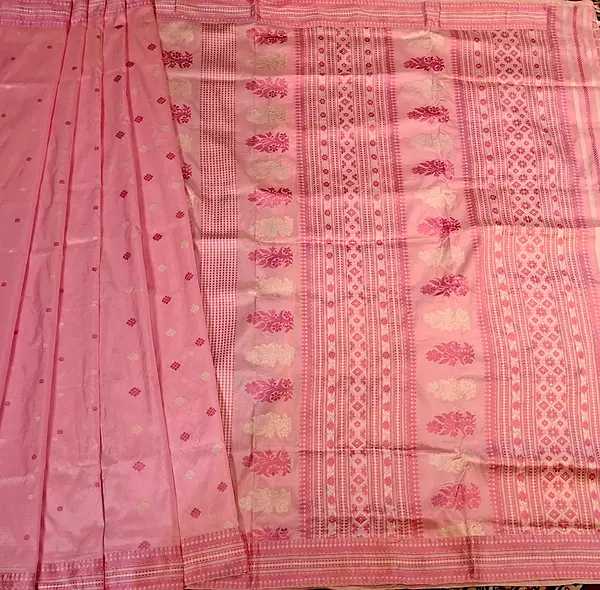 Assam Paat Silk Saree in Pastel Pink with Woven dark pink and white Motifs Assam Paat Silk Saree in Pastel Pink with Woven dark pink and white Motifs
