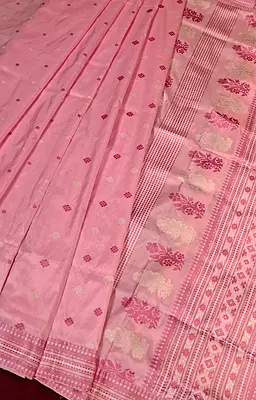Assam Paat Silk Saree in Pastel Pink with Woven dark pink and white Motifs Assam Paat Silk Saree in Pastel Pink with Woven dark pink and white Motifs