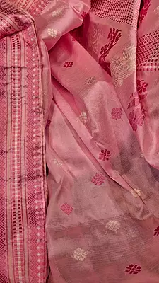 Assam Paat Silk Saree in Pastel Pink with Woven dark pink and white Motifs Assam Paat Silk Saree in Pastel Pink with Woven dark pink and white Motifs