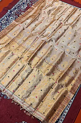 Premium Assam Tussar by Tussar Saree with Goona Zari & Three-Colour Meena Work Premium Assam Tussar by Tussar Saree with Goona Zari & Three-Colour Meena Work