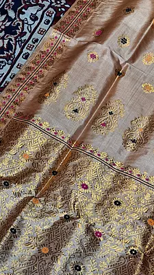 Premium Assam Tussar by Tussar Saree with Goona Zari & Three-Colour Meena Work Premium Assam Tussar by Tussar Saree with Goona Zari & Three-Colour Meena Work