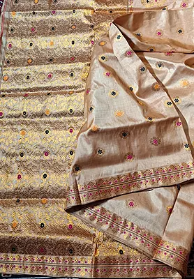 Premium Assam Tussar by Tussar Saree with Goona Zari & Three-Colour Meena Work Premium Assam Tussar by Tussar Saree with Goona Zari & Three-Colour Meena Work