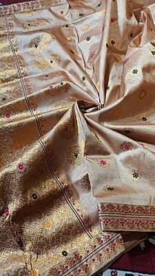 Premium Assam Tussar by Tussar Saree with Goona Zari & Three-Colour Meena Work Premium Assam Tussar by Tussar Saree with Goona Zari & Three-Colour Meena Work
