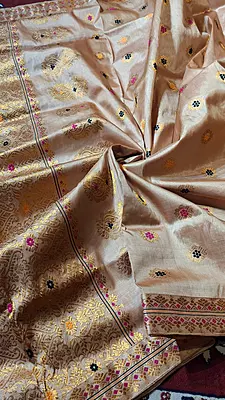 Premium Assam Tussar by Tussar Saree with Goona Zari & Three-Colour Meena Work Premium Assam Tussar by Tussar Saree with Goona Zari & Three-Colour Meena Work