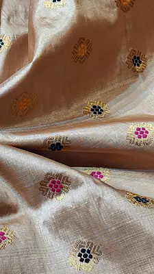 Premium Assam Tussar by Tussar Saree with Goona Zari & Three-Colour Meena Work Premium Assam Tussar by Tussar Saree with Goona Zari & Three-Colour Meena Work