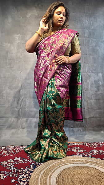 Half & Half All-Over Swarnachari Silk Saree – Magenta & Green