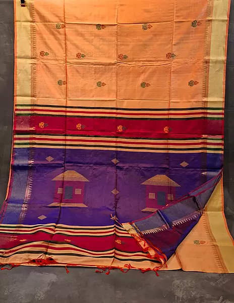 Peach orange body with royal blue contrast Pallu Kalashetra Saree