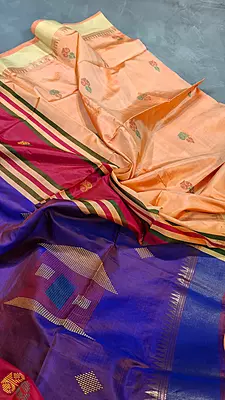 Peach orange body with royal blue contrast Pallu Kalashetra Saree