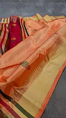 Peach orange body with royal blue contrast Pallu Kalashetra Saree