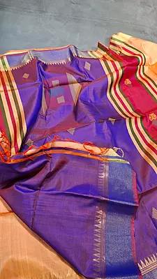 Peach orange body with royal blue contrast Pallu Kalashetra Saree