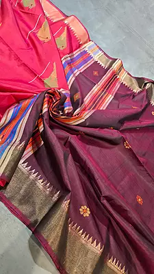 Colour wine shade body with contrast pink pallu Kalashetra saree