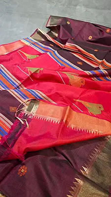 Colour wine shade body with contrast pink pallu Kalashetra saree