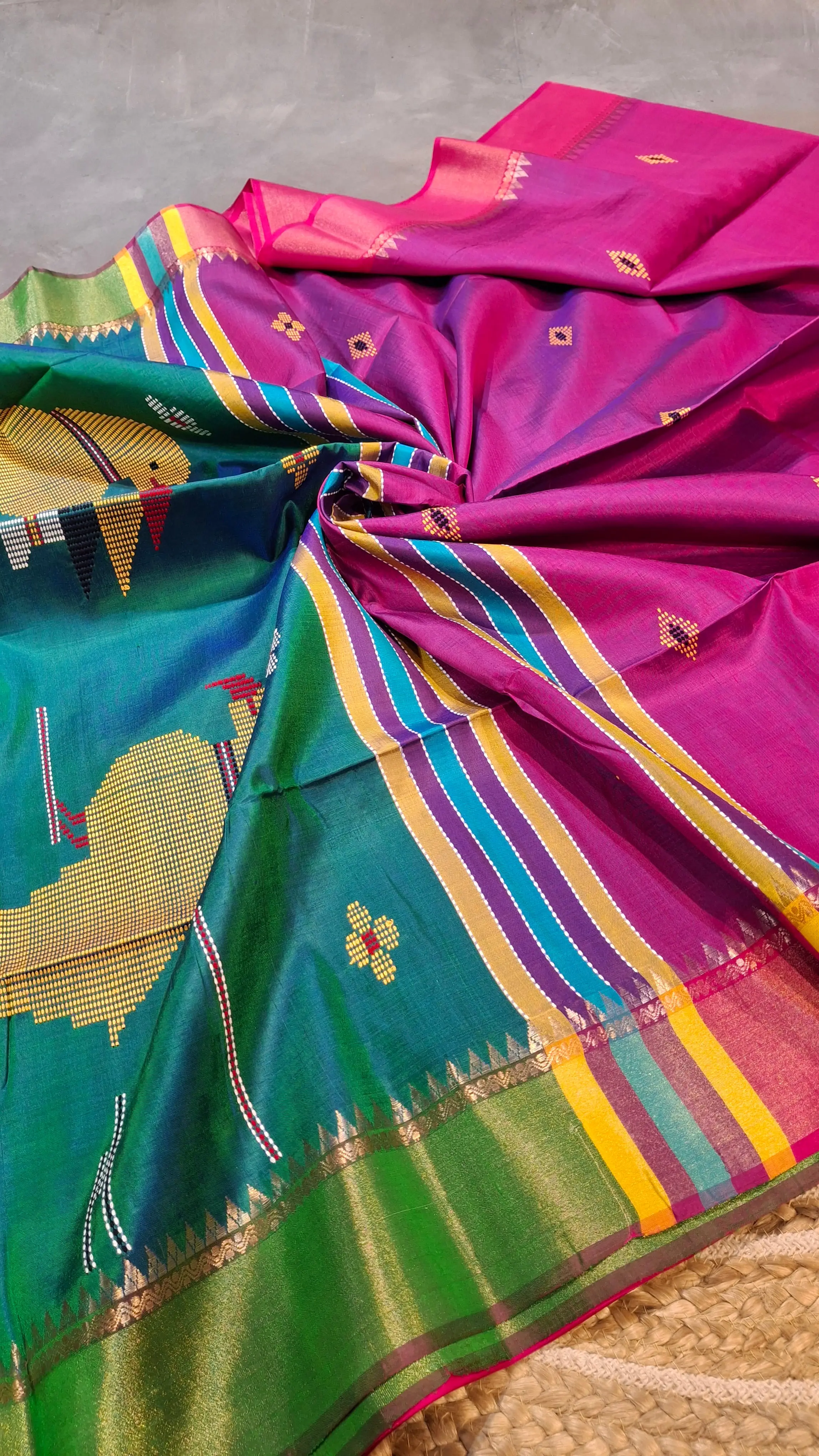 Colour blue rani pink dual tone Kalashetra saree
