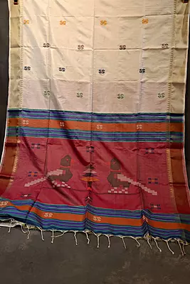 Colour white body golden zari Kalashetra saree with maroon pallu Colour white body golden zari Kalashetra saree with maroon pallu